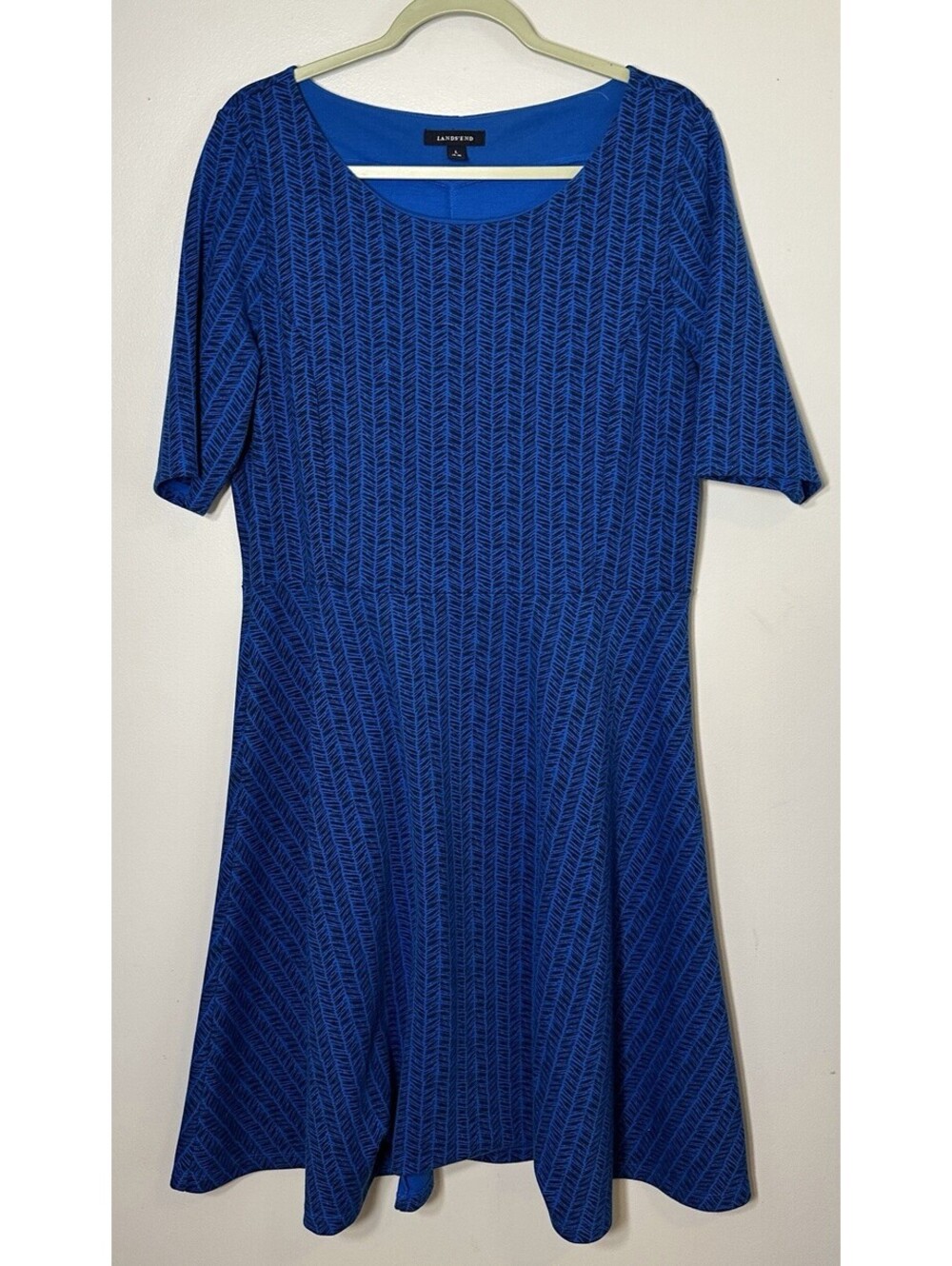 Lands End Dark Blue Chevron Knit Fit And Flare A-line Dress Large 14/16 EUC